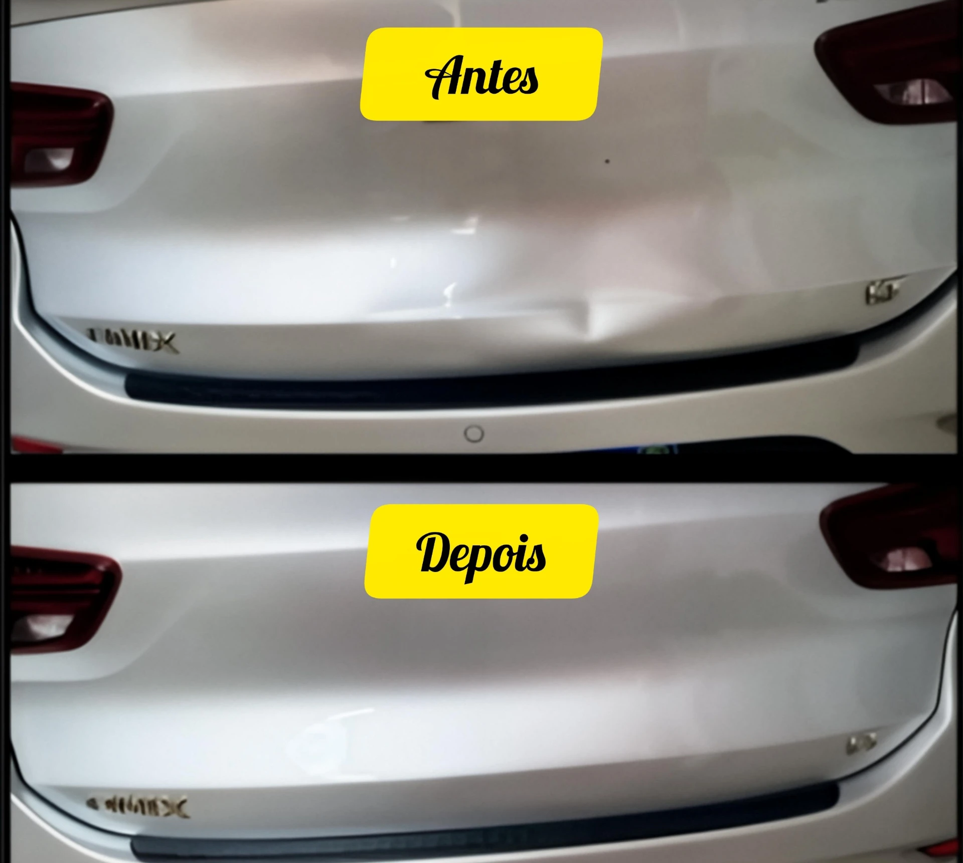 Antes e depois de reparo em tampa traseira branca